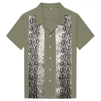 

Summer Snake Animal Print Army Green Blouse And Shirt Rockabilly Mens Turn Down Collar Hip Hop Short Sleeve Clothing