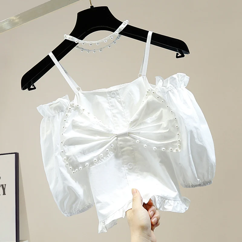 

Sexy Top for Women Heavy Industry Beaded Bowknot Decorative Vintage Puff Sleeve Sling Slash Neck Off-Shoulder Shirts Blouses