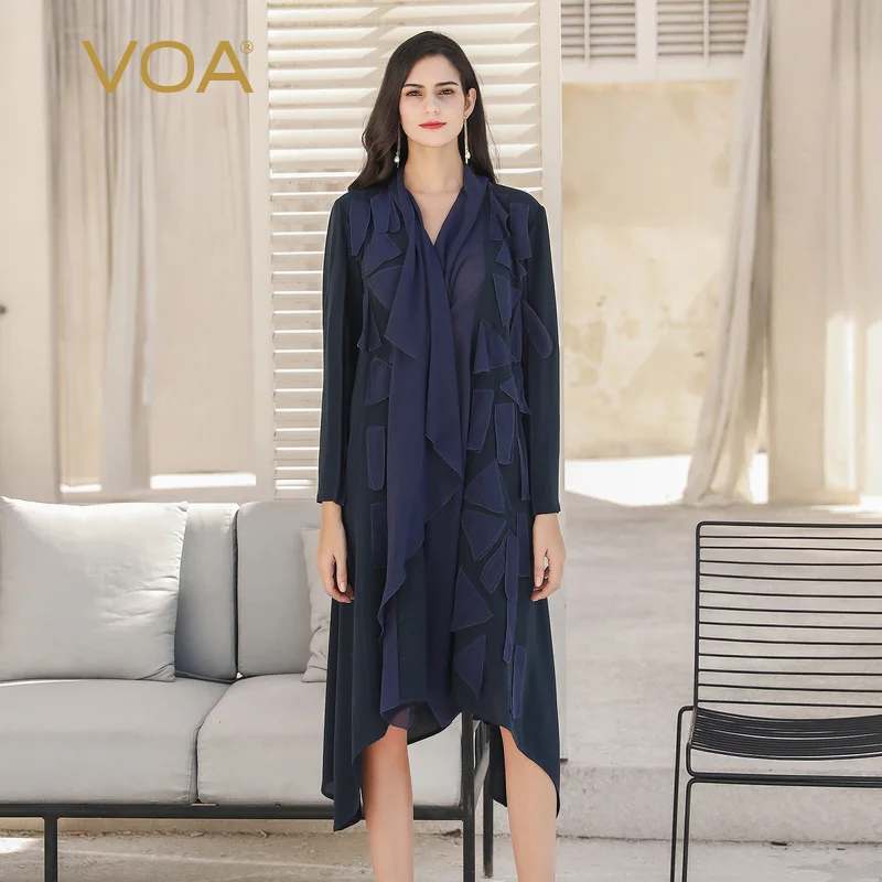 

VOA Navy Contrast Color Non-symmetrical Silk Applique Joint Loose-Fit Long Western Style Women's Real Silk Trench Coat F397