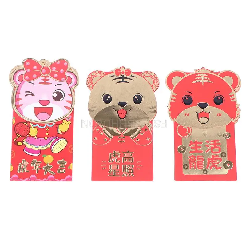 6Pcs Chinese Zodiac New Year Red Envelopes Cute Cartoon Tiger Animal Print Red Packets Hongbao For Lucky Money 2022