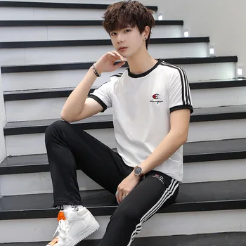 

2020 Short Sleeve T Shirt Suit Male Plus Fat Plus Men Sports Leisure Shorts Thin Section Two-piece Set Trousers