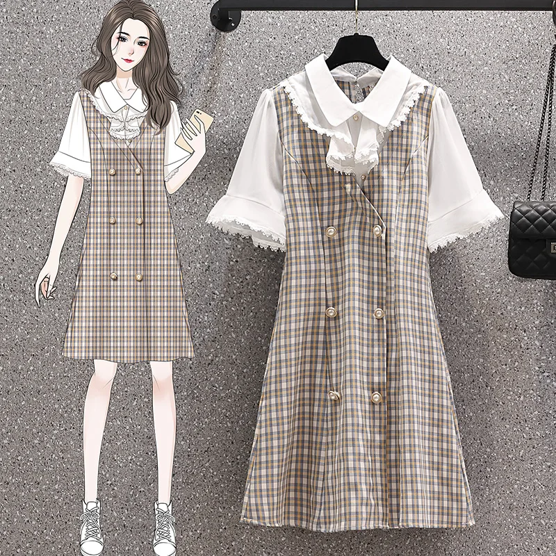 

EHQAXIN Summer Women's Plaid Button Dress Fashion New Style Trumpet Sleeve A-Shaped Loose Mid-Length Dresses S-4XL