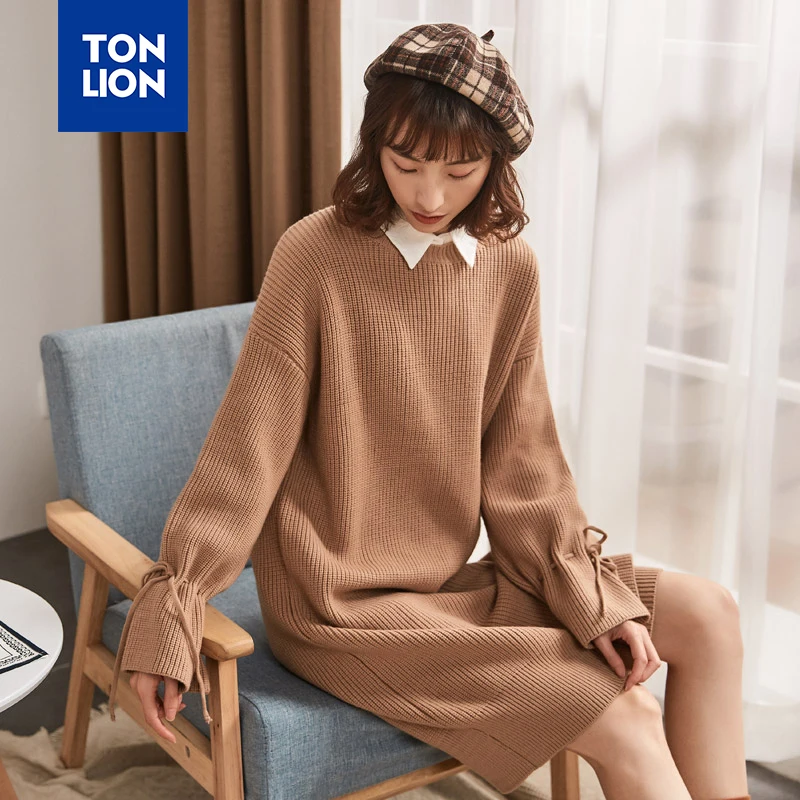

TONLION Coffee Color Women Long Sweater Dress O Neck Long Sleeve Knitted Sweater Pullovers for Woman Loose Sweaters Flare Sleeve