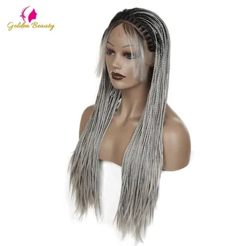 

Synthetic Lace Front Wig With Baby Hair Box Braids Wigs Long Silver Grey Braided Wig for Women Heat Resistant Hair Golden Beauty