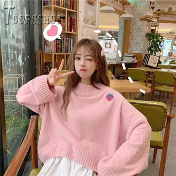 

2019 Embroidery Strawberry Korean Women Sweater Loose Pullover Autumn School Sweet Female Sweaters