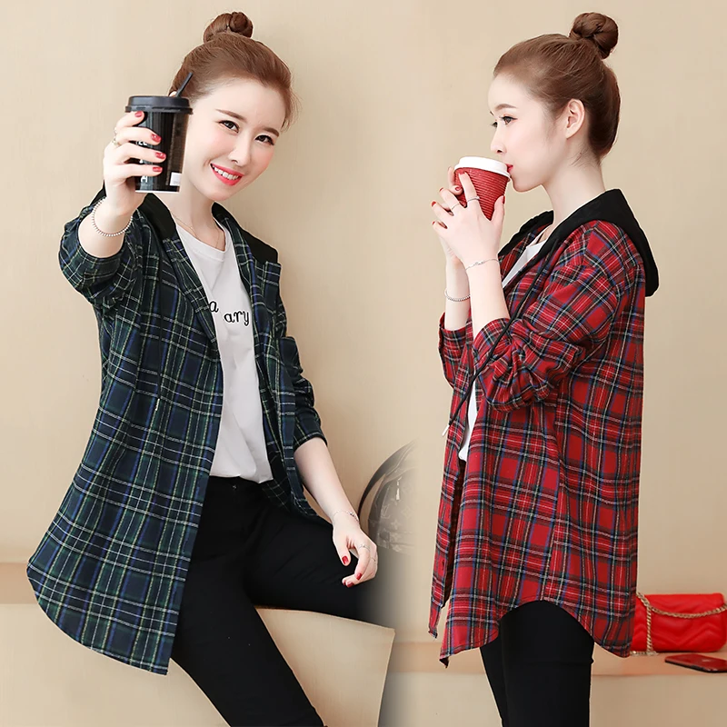 Blusas mujer de moda Осенние повседневные клетчатые женские блузки корейские студенческие рубашки с капюшоном и длинными рукавами Большие размеры женские топы