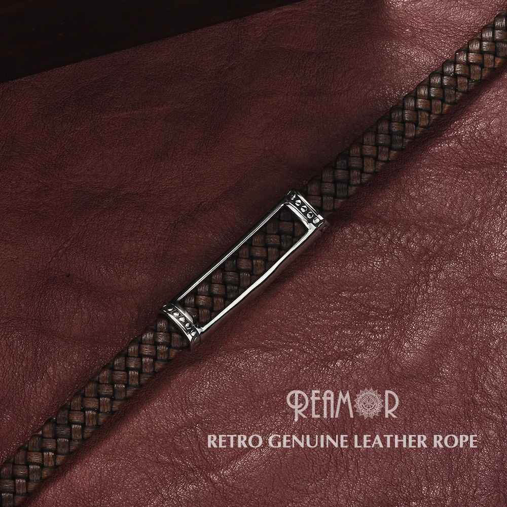 REAMOR Fashion Bracelets 2019 Retro Genuine Leather Stainless Steel Hollow Bead Bracelet Women Men Cuff Bangles Wholesale