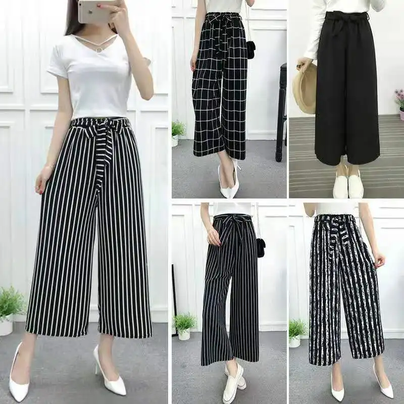 

Hot women's wide-leg pants M-4XL Max 100 kg can wear wide-leg pants women loose large size casual stripes elastic streamers pant