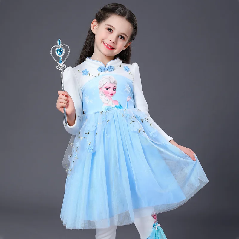 Детское платье с изображением Анны и Эльзы для девочек; платья принцессы с цветочным рисунком для девочек; зимние вечерние платья с рукавами; Vestido; детская одежда с героями мультфильма «Холодное сердце»
