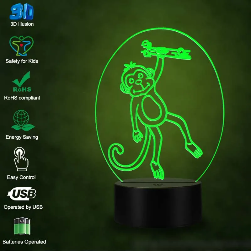 VCity Monkey 3D Визуальный 7 цветов сенсорный дистанционный Ночной светильник с