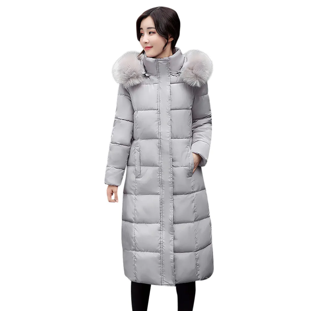 Плюшевое пуховое пальто с капюшоном из искусственного меха для женщин с хлопковой подкладкой, ветронепроницаемое длинное тонкое теплое пальто, женское пуховое пальто Kurtka Puchowa damsk - Цвет: Серый