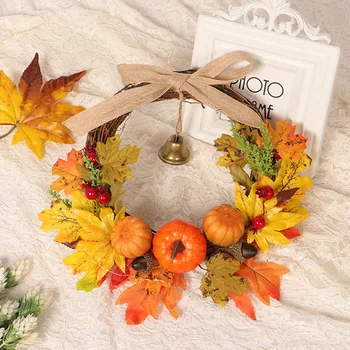 

Autumn Leaf Pumpkin Wreath with Bell Thanksgiving Halloween Front Door Home Decor TN88