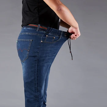 

Spring and autumn stretch high waist loose tight belt plus fat plus size jeans men's loose straight cylinder