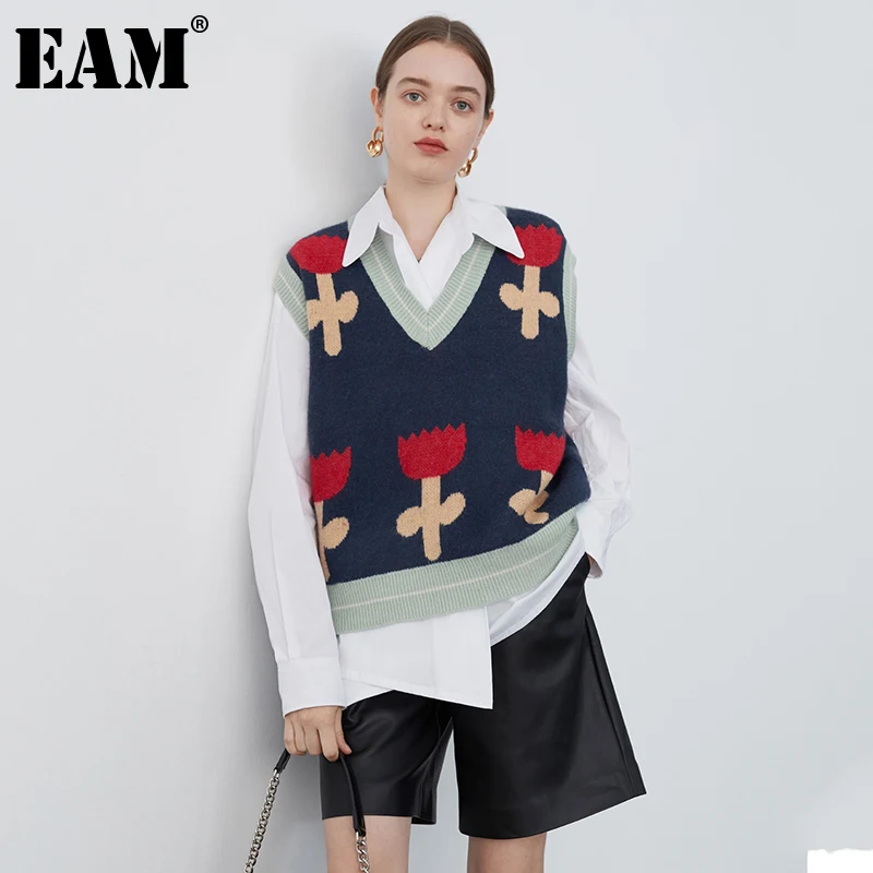 [EAM] Navy Big Size Knitting Sweater Loose Fit