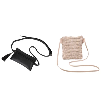 

1Pcs Wild Mobile Small Square Bag Solid Color Straw Woven Bag Beige & 1Pcs Leather Waist Bags Female Belt Bag Purse Tassel Chest
