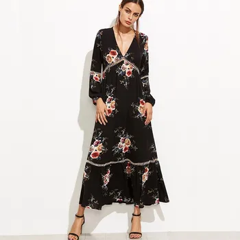 

2019 European American retro v-neck ladies long dress new spring autumn flowers long-sleeved slim big swing dress women dress