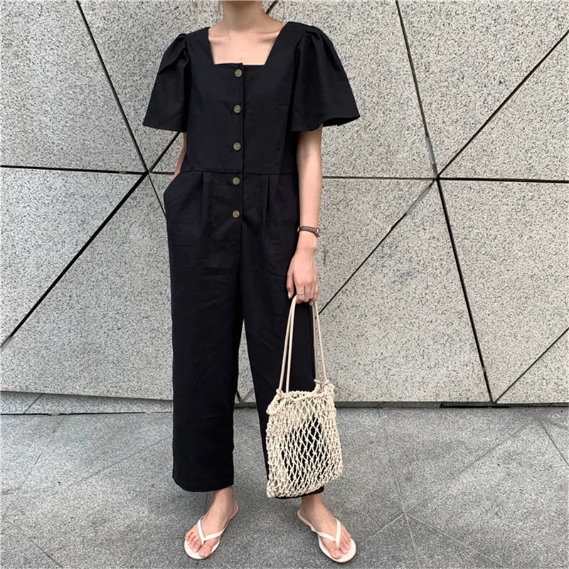 Limiguyue women plus size jumpsuit short sleeve square neck single breasted loose casual beach women romper femme vintage Y214