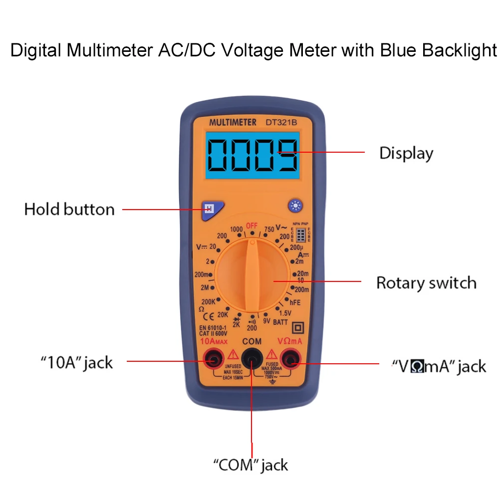 

DT321B Digital Multimeter Portable Multi meter AC/DC Voltage Meter Blue Backlight Support Battery Testing 2017 Top Sale