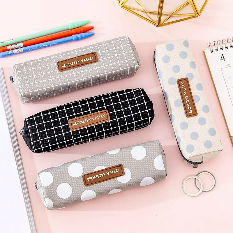 

1 Pcs Kawaii School Stationery Pencil Bag Lattice Stripe Canvas Zipper Pencil Box Pencilcase Pencil Bag School Supplies