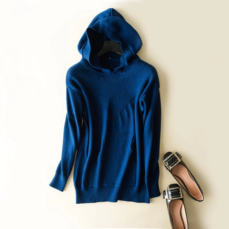 Осень и зима короткий вязаный свитер с капюшоном женский свободный большой размер Повседневный Женский пуловер с капюшоном свитер - Цвет: Тёмно-синий