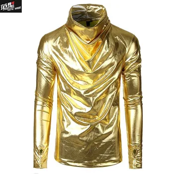 

Autumn Men's Fashion High Collar Pleated Faux Leather T-Shirt Long Sleeve Korean Slim Glossy T-Shirt