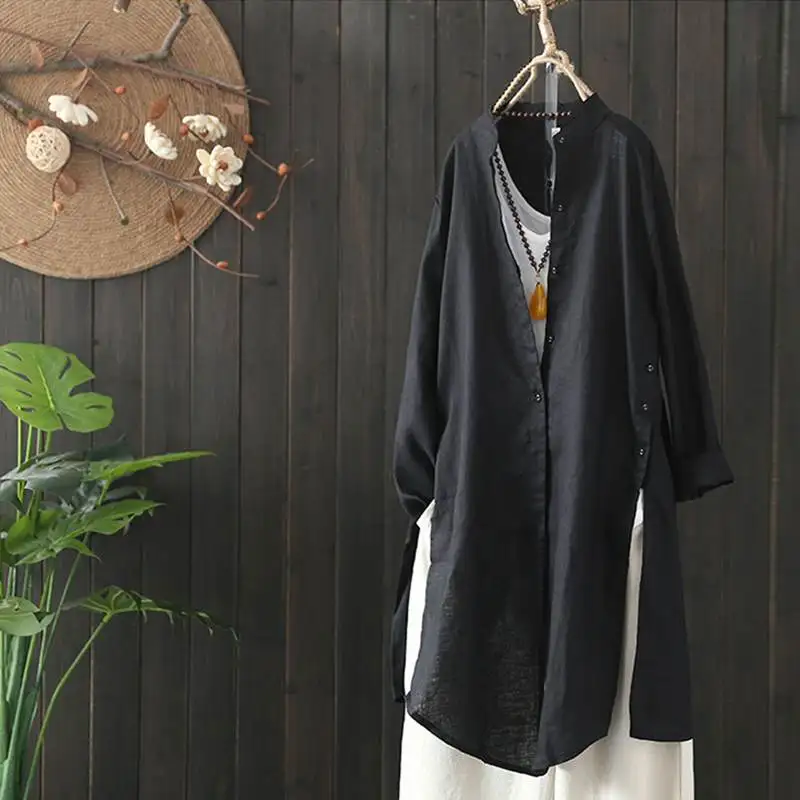 Женская льняная блузка ZANZEA кафтан с длинным рукавом рубашки на пуговицах длинные блузы кардиган с разделом отворотом Топы Плюс Размер Туника 5XL - Цвет: Черный