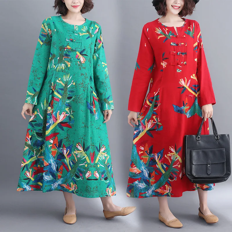 

2018 Autumn New Style Retro Frog Large Size Cotton Linen Dress National Wind Women's Loose-Fit Long Skirts