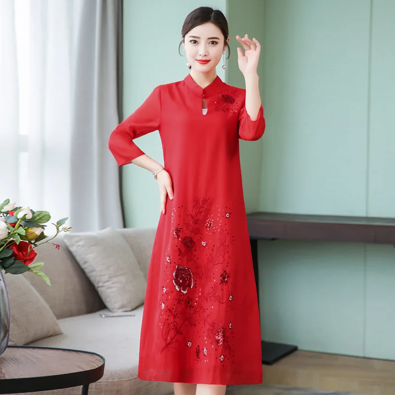 

2019 Spring New Style Chinese Style Vintage Improved Cheongsam Women's Stand Collar Embroidered Loose-Fit Slimming Fashion Elega