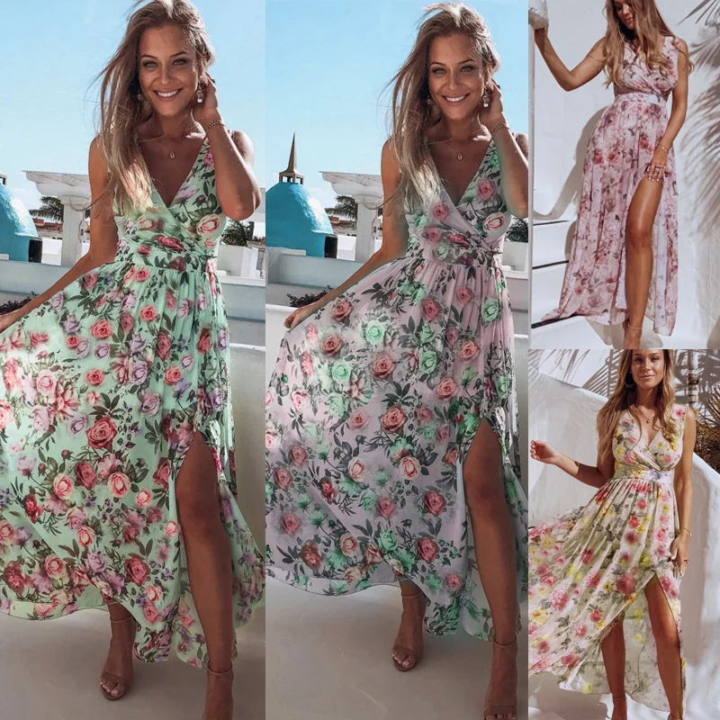 

2021 Popular New Spring Summer Hot Sale Sleeveless V Neck Mid-Length Dress Sexy Style Slim and Comfortable Fresh Floral