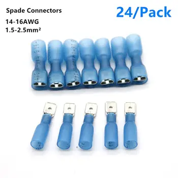 

24PCS 14-16 Gauge AWG Kit Assortment Waterproof Blue Shrink Crimp Spade Terminals Heat Wire Crimp Connectors