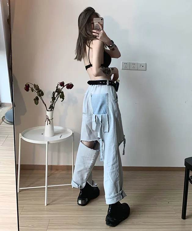 WHITNEY WANG Jeans Autumn Fashion Streetwear Ripped Frayed Holes Jeans Women High Street Denim Pants