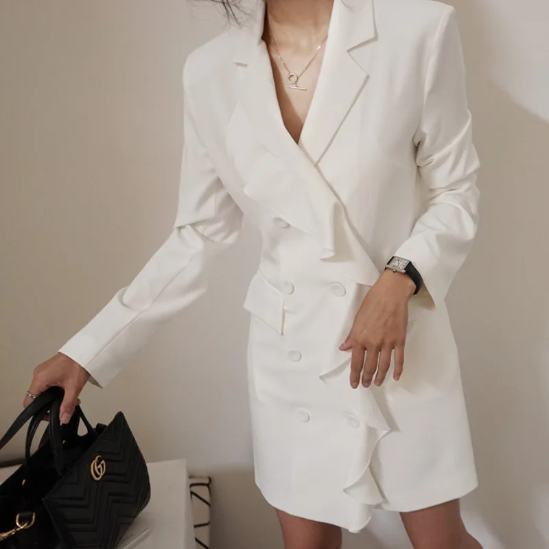 2020 Autumn Korean Office Lady Suit Coat Notched Soild Ruffles Double Breasted Casual Long Thin Wide-waisted Woman Blazer Jacket