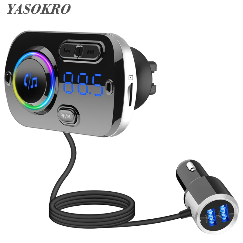 

YASOKRO Bluetooth Car Kit Mp3 Player Automobile Wireless Handsfree QC3.0 Fast Charge FM Transmitter Car atmosphere light