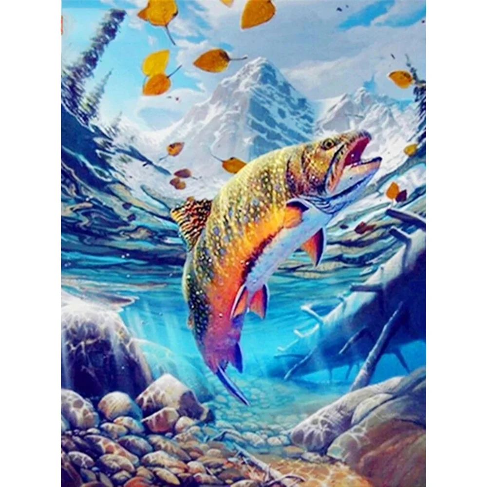 Kamy yi diy5dダイヤモンドアート絵画魚川風景刺embroideryモザイク動物山の風景ウォールステッカー