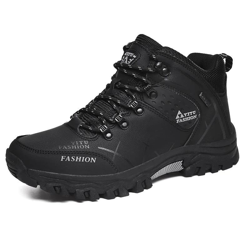 Брендовые мужские зимние ботинки; теплые супер мужские высококачественные Водонепроницаемые кожаные кроссовки; мужские походные ботинки; Рабочая обувь; размеры 39-47 - Цвет: black