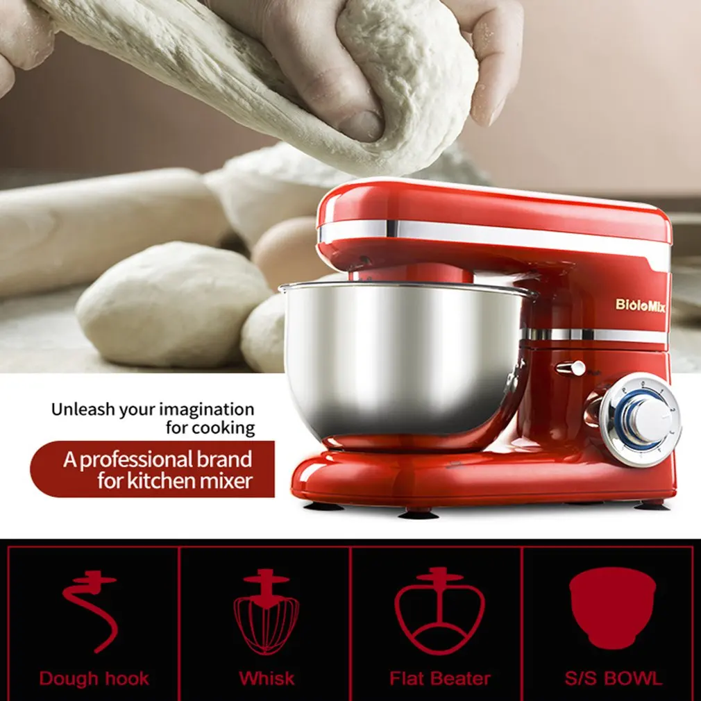 1200W 4L Stainless Steel Bowl 6-speed Kitchen Food Stand Mixer  Whisk Blender Maker Machine Led blue light 6 speeds knob