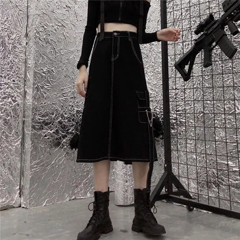 

Harajuku A-Line Denim Women Skirt Gothic High Waist Kawaii Skirts Summer Cute Sweet Skirts Mid-Calf Solid Pockets Casual Skirt