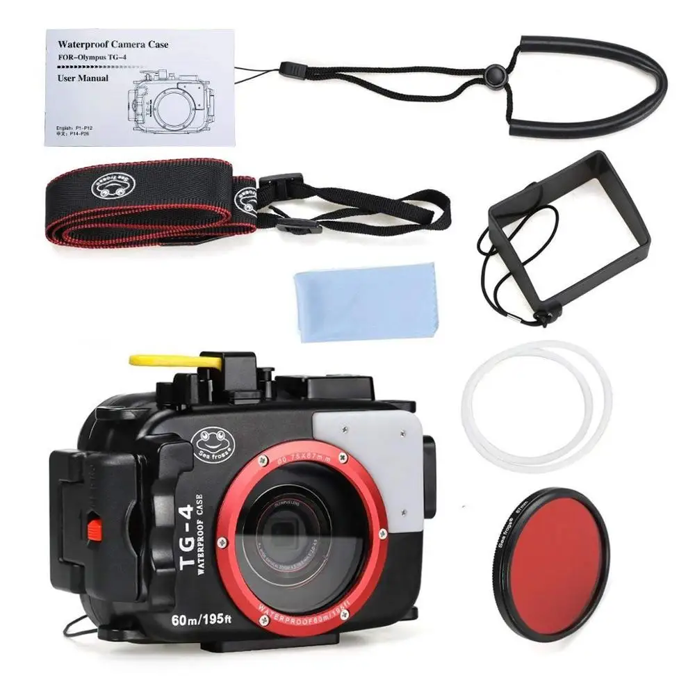 SeaFrogs TG4 60m/195ft Underwater Diving Waterproof Housing Camera Case for Olympus TG-4 Waterproof Camera Bags with Red Filter