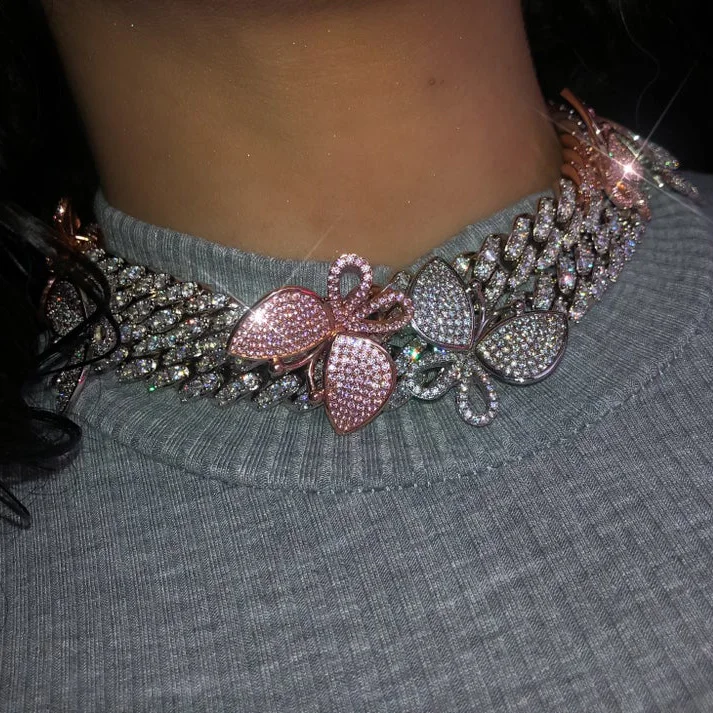 Iced out 12mm Cuban Pink cz Butterfly Necklace wide Chain Luxury Bling Hip Hop Jewelry For Men Women Gift | Украшения и
