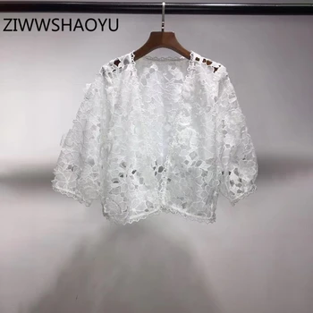 

ZIWWSHAOYU Summer Women Sweet White Long Sleeve Tees Tops Runway Designer Ladies Sheer Hollow Out Embroidery V-Neck T Shirt