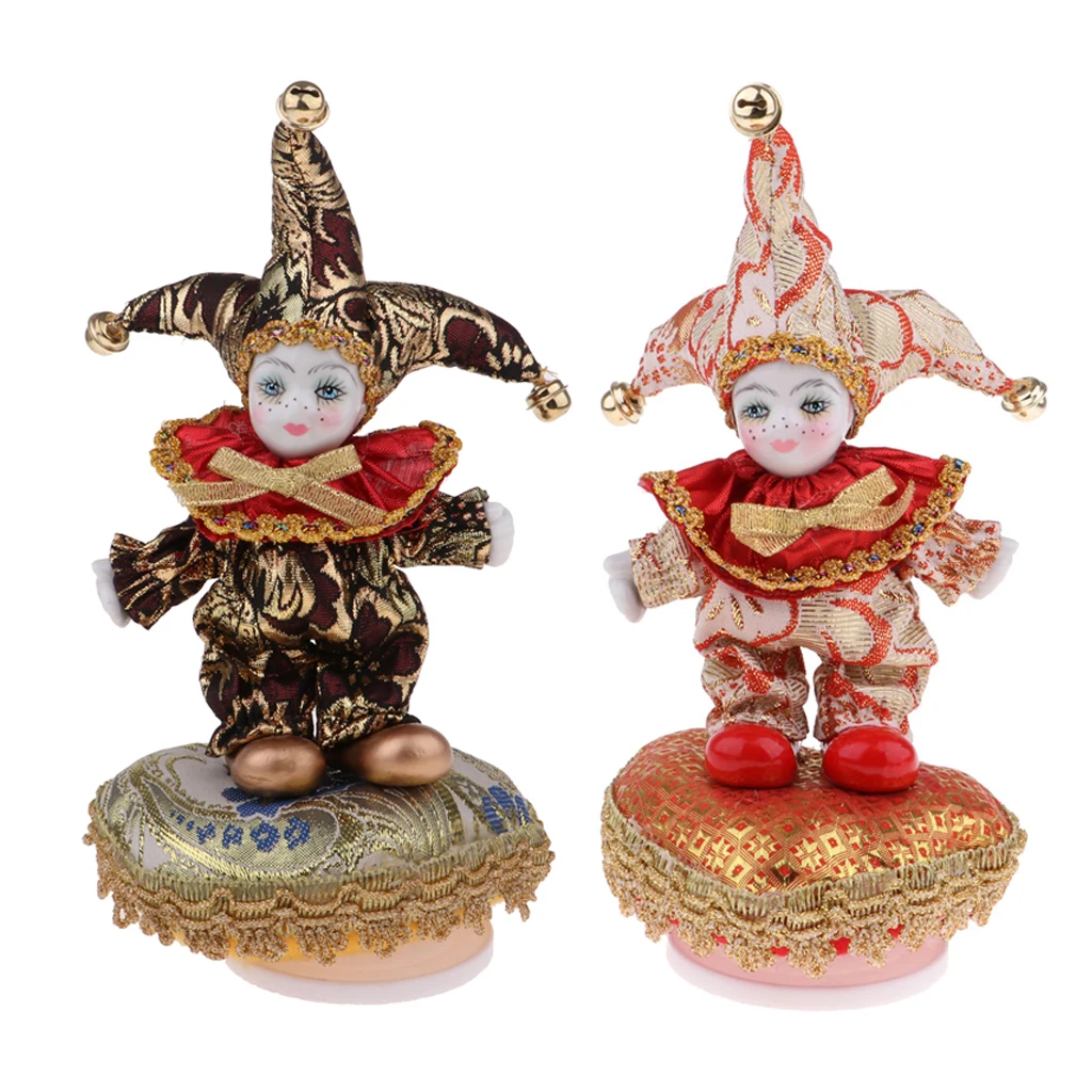 2Pcs 6inch Lovely Porcelain Triangel Doll Clown Model Music Box Home/office Ornaments