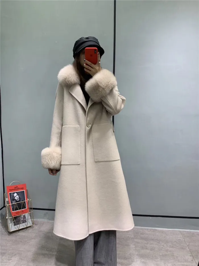 Высококачественное двухстороннее шерстяное пальто для женщин, Воротник из натурального Лисьего меха, манжеты, зимняя куртка, женские шерстяные пальто