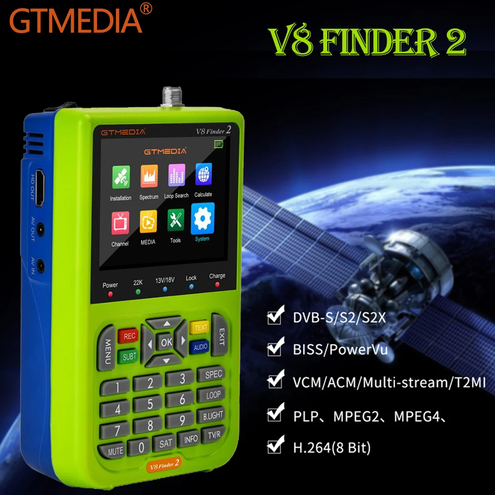 Новый измеритель спутникового поиска GTMEDIA V8 Finder2 DVB-S / S2 S2X TV Signal Finder MPEG-2/4 H.264 (8 бит)