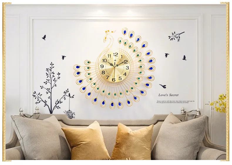 Large 3D Gold Diamond Peacock Wall Clock Metal Watch for Home Living Room Decoration DIY Clocks Crafts Ornaments Gift 53x53cm