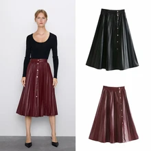 Ladyfirsy ZA плиссированные юбки из искусственной кожи Осенняя модная женская уличная юбка с эластичной высокой талией Женская Очаровательная длинная юбка