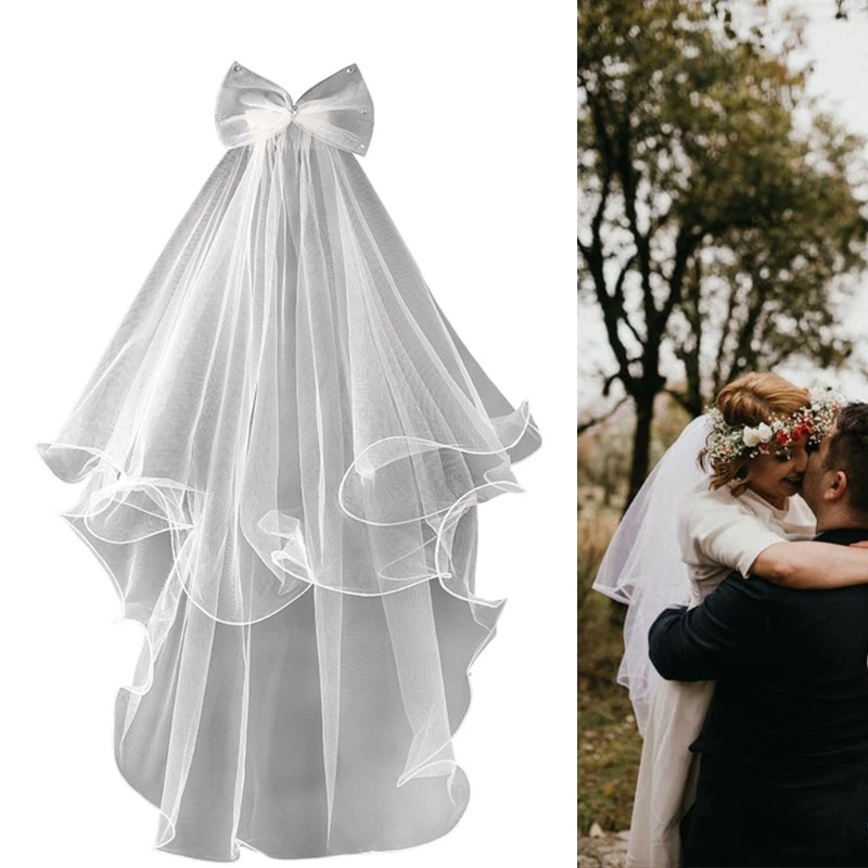 Wedding veil bridal veil comb for kids wedding hair accessories 2 tier bow embellishment props photo taking
