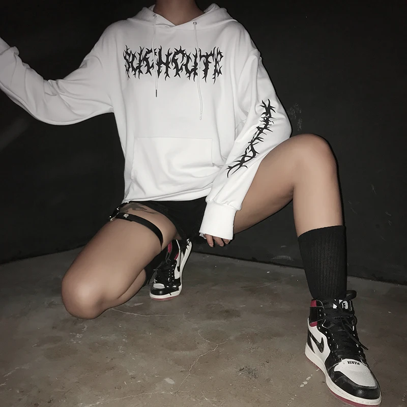Iamhotty печати Белый негабаритных толстовка уличная Карманный Женский пуловер с капюшоном простой базовый с длинным рукавом Толстовка Мода