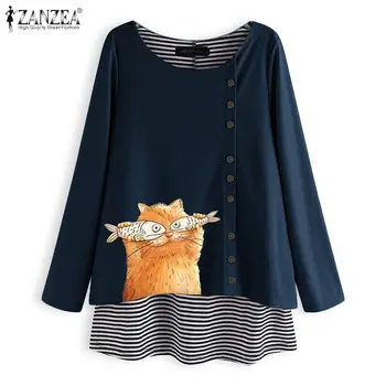 

ZANZEA Tops Blusas Women Casual Long Sleeve Blouse Ladies Patchwork Stripe Cat Printed Shirt Loose O Neck Tunic Chemiser Mujer
