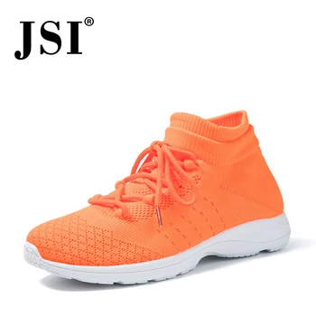 

JSI sneaker woman orange solid breathable air mesh upper arch support casual shoes woman lace up elastic short sock sport shoes