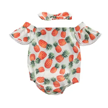 

2020 Newborn Baby Girls Bodysuits Summer Pineapple Print Jumpsuit Headband Off Shoulder Playsuit Holiday Clothes